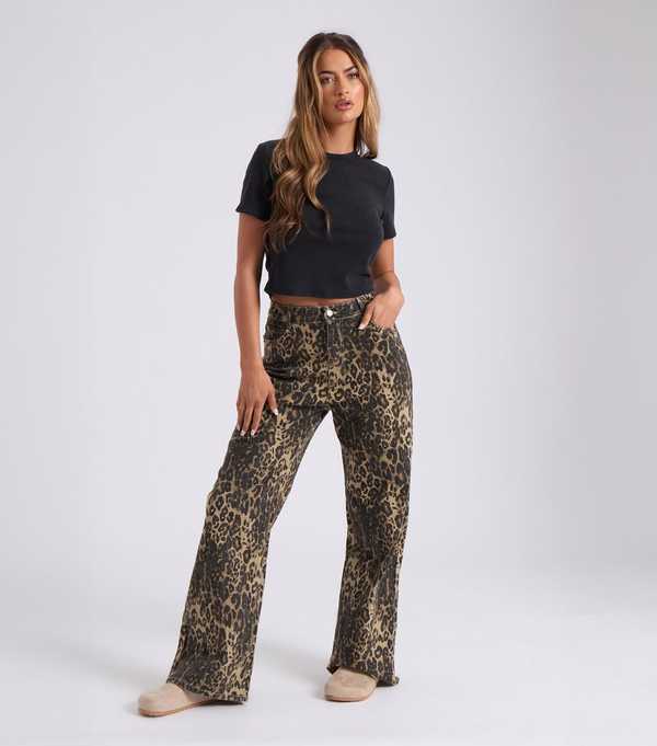 new look Urban Bliss Brown Leopard Denim Wide Leg Jeans