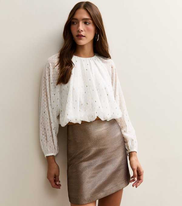 New Look White Bubble Hem Gold Foil Textured Blouse