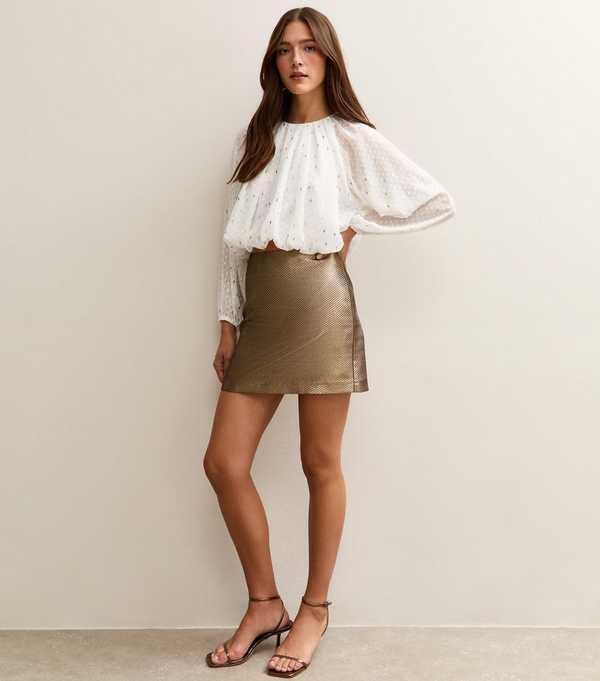 New Look White Bubble Hem Gold Foil Textured Blouse