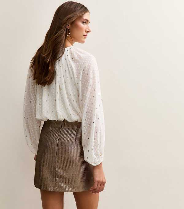 New Look White Bubble Hem Gold Foil Textured Blouse