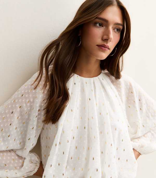 New Look White Bubble Hem Gold Foil Textured Blouse
