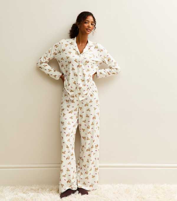 New Look White Deer Print Revere Collar Shirt And Trousers Pyjama Set