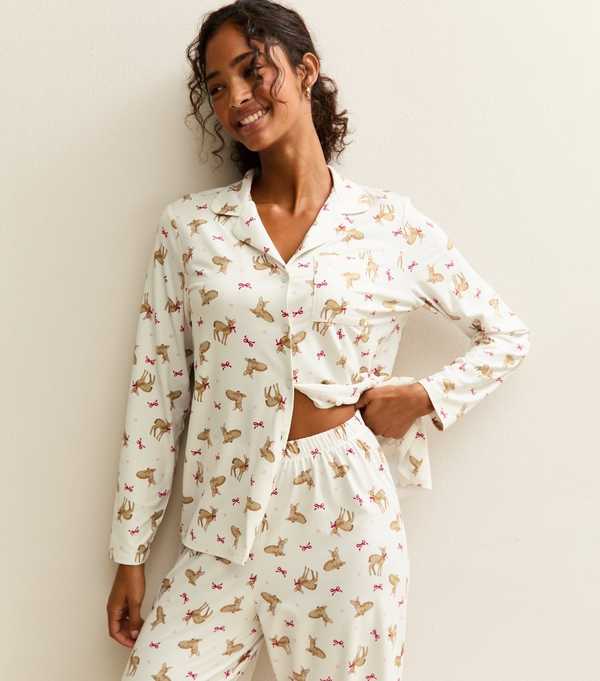 New Look White Deer Print Revere Collar Shirt And Trousers Pyjama Set