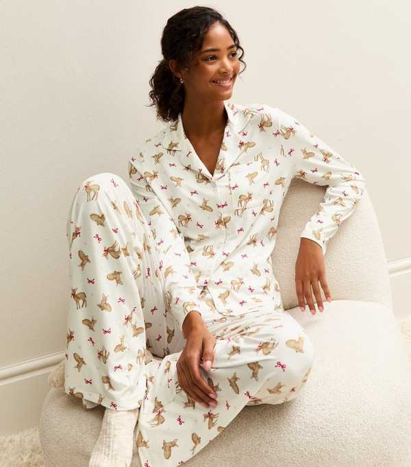 New Look White Deer Print Revere Collar Shirt And Trousers Pyjama Set