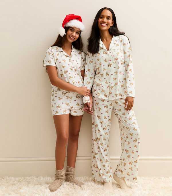 new look White Deer Print Revere Collar Shirt and Trousers Pyjama Set