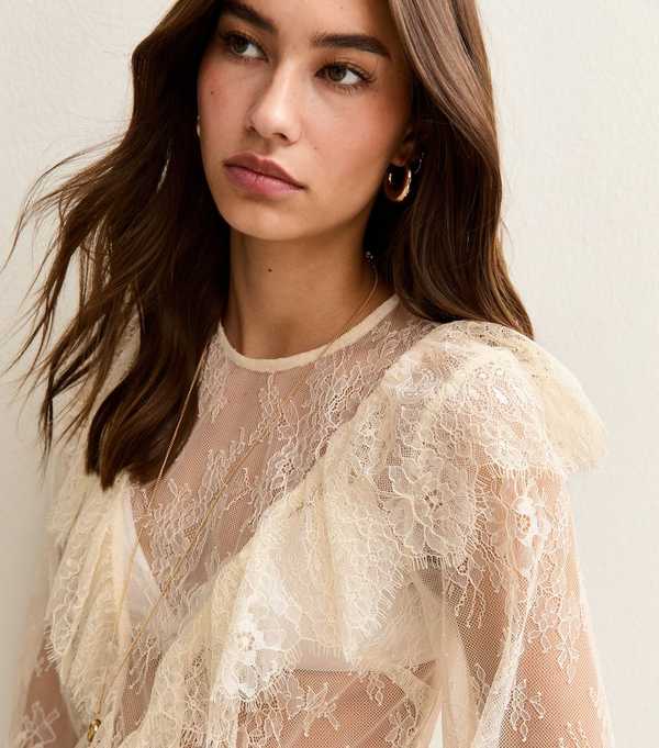 New Look White Floral Lace Long Sleeve Semi Sheer Blouse