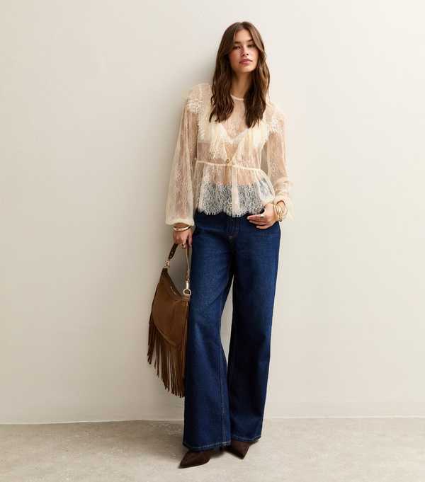 New Look White Floral Lace Long Sleeve Semi Sheer Blouse