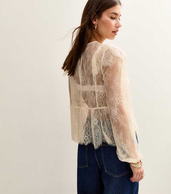 New Look White Floral Lace Long Sleeve Semi Sheer Blouse