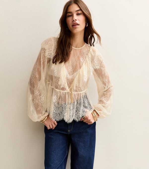 new look White Floral Lace Long Sleeve Semi Sheer Blouse