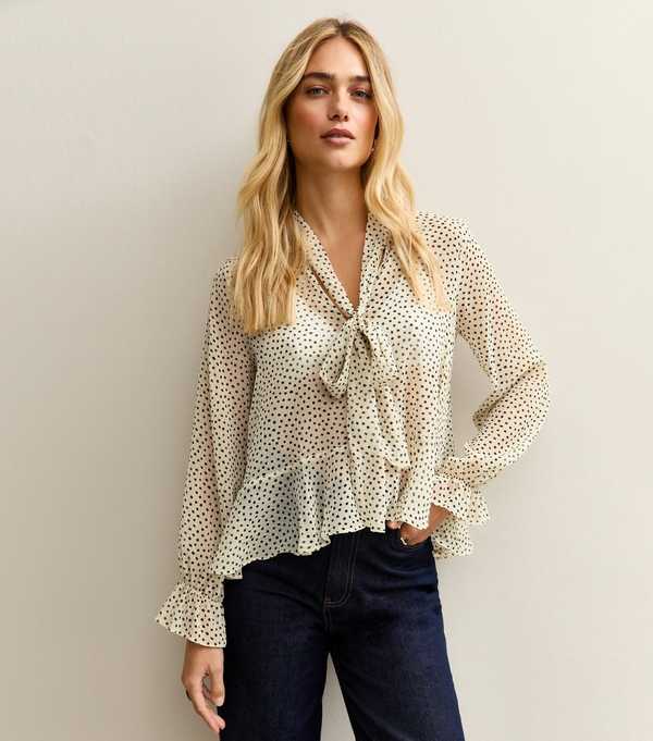 New Look White Spot Print Pussybow Collar Chiffon Semi-Sheer Blouse
