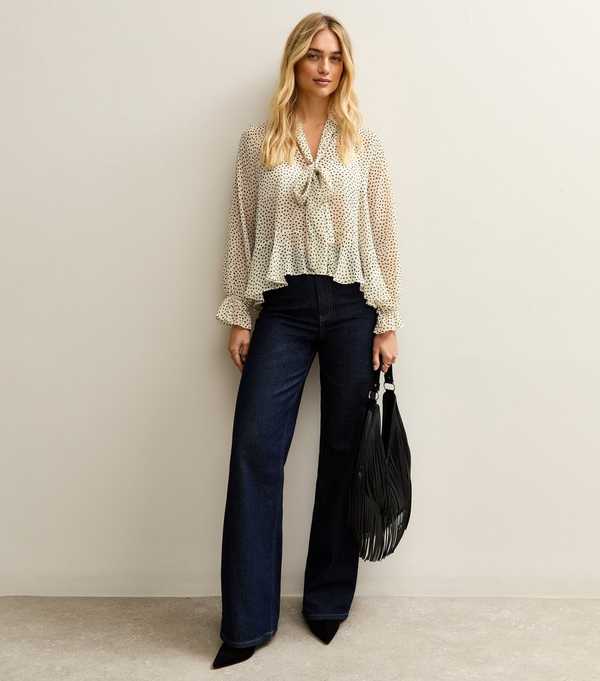 New Look White Spot Print Pussybow Collar Chiffon Semi-Sheer Blouse