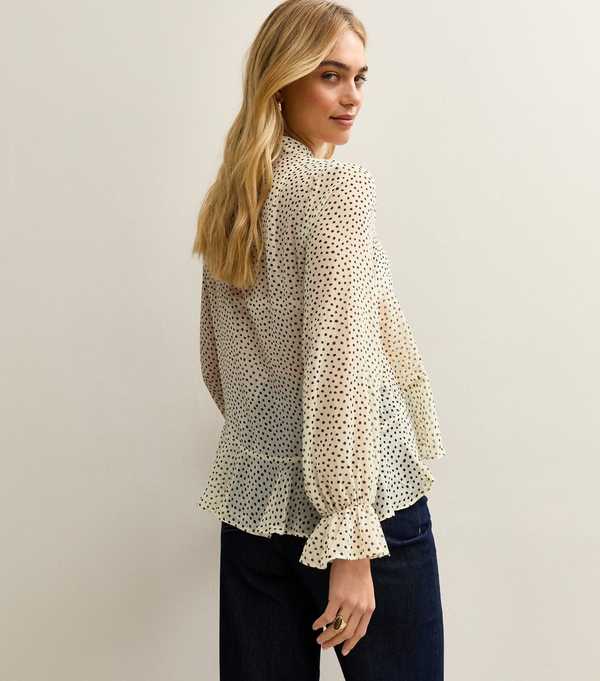 New Look White Spot Print Pussybow Collar Chiffon Semi-Sheer Blouse