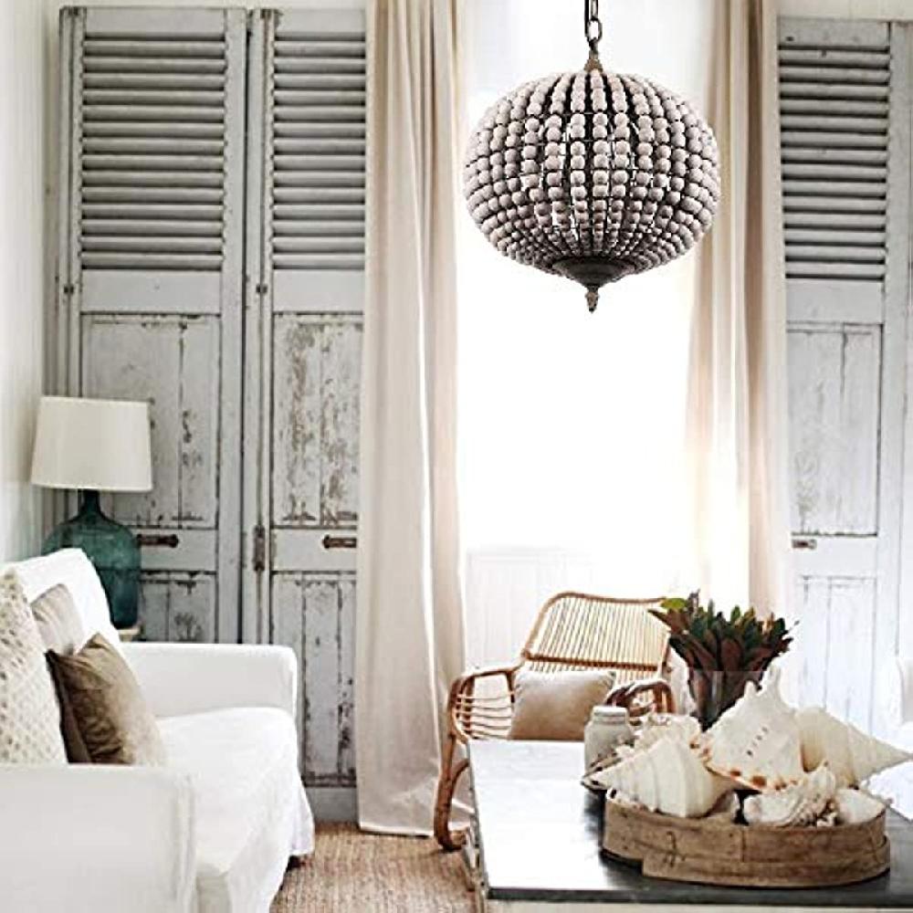 Newrays Globe Wood Bead Chandelier Pendant Gray White Finishing