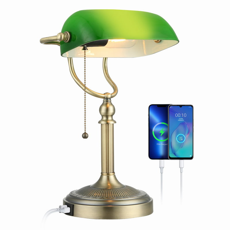 newrays Green Glass Banker Lamp USB Fast Charging Port