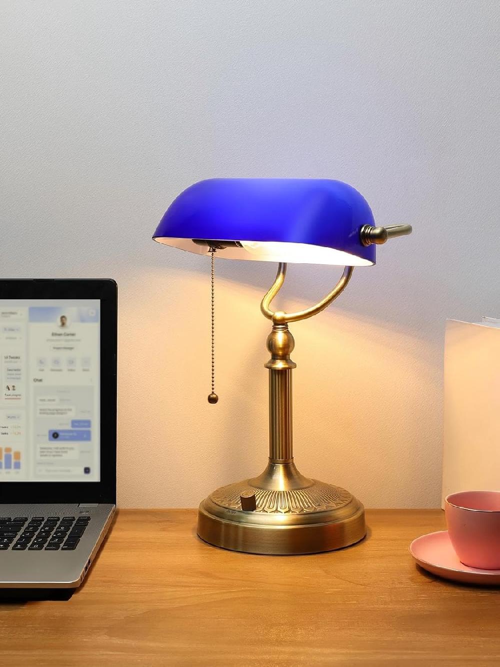 Newrays Newrays Blue Glass Bankers Desk Lamp Stepless Dimmable Table Lamp Plug In 6W LED Bulb Included