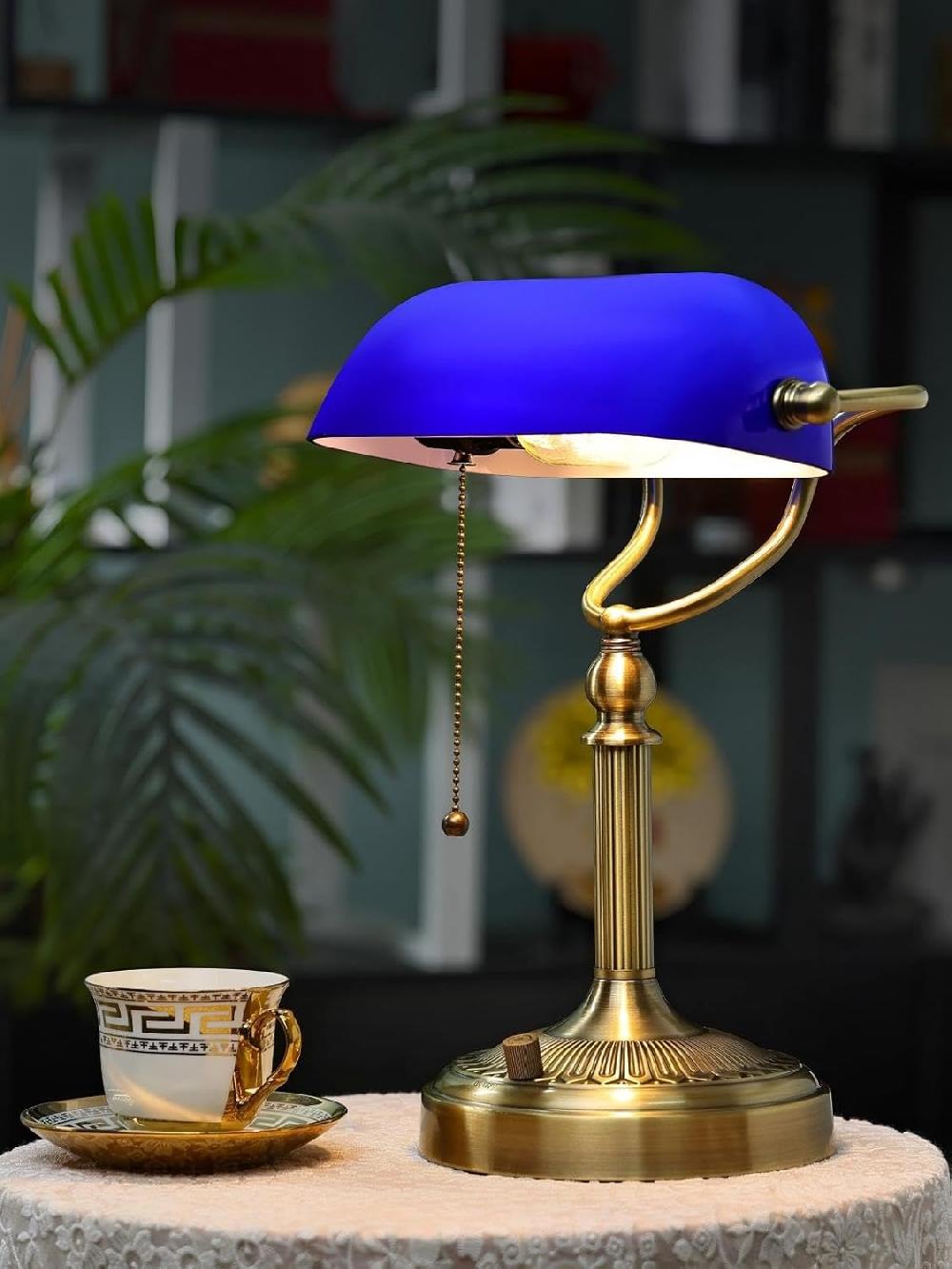 Newrays Newrays Blue Glass Bankers Desk Lamp Stepless Dimmable Table Lamp Plug In 6W LED Bulb Included