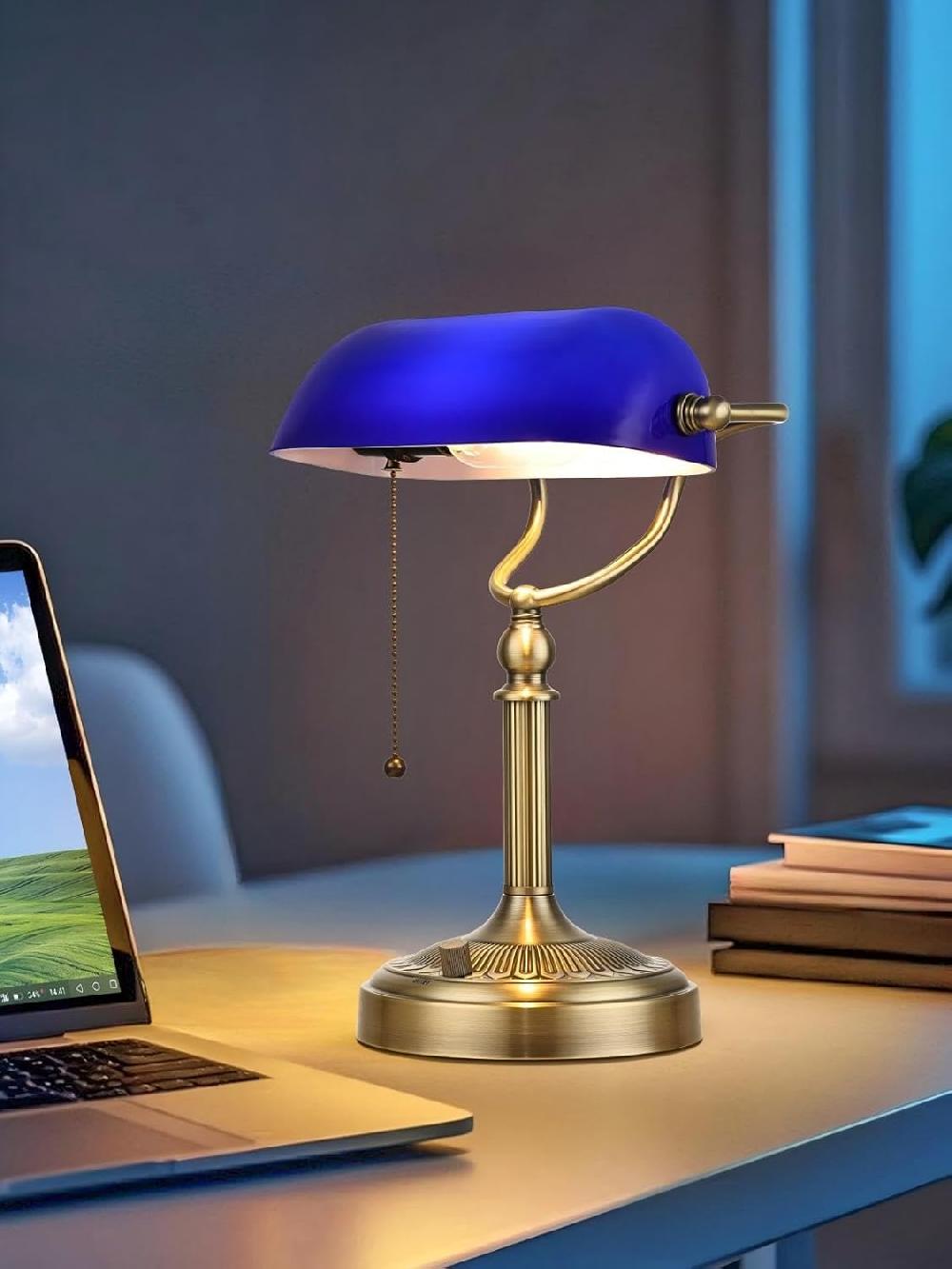 Newrays Newrays Blue Glass Bankers Desk Lamp Stepless Dimmable Table Lamp Plug In 6W LED Bulb Included