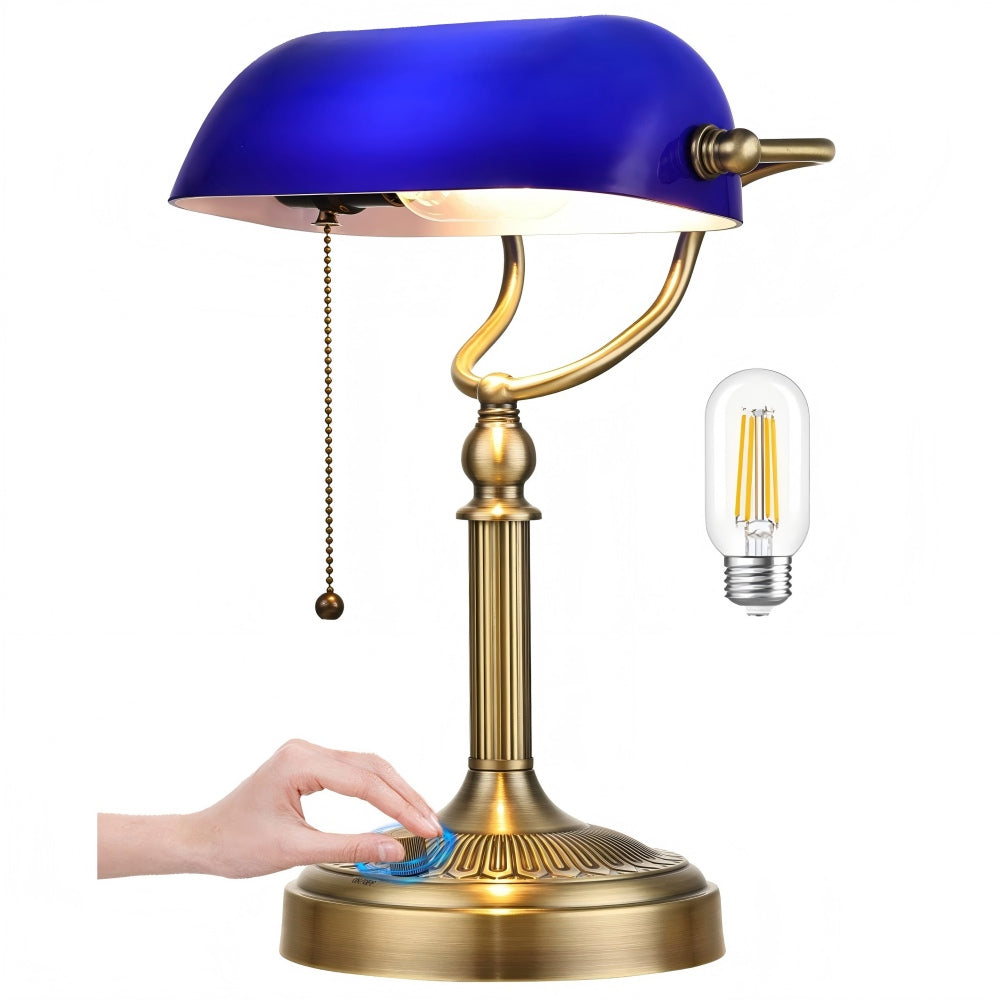 newrays Newrays Blue Glass Bankers Desk Lamp Stepless Dimmable Table Lamp Plug in 6W LED Bulb Included