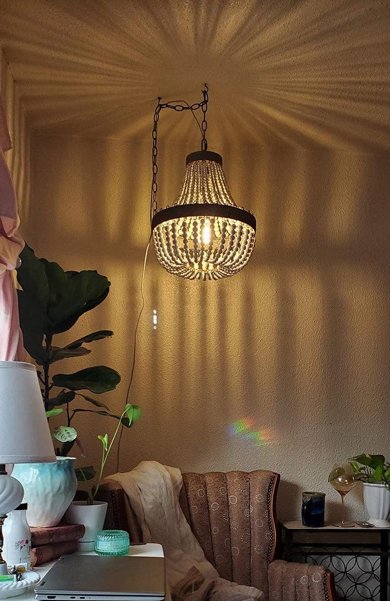 Newrays Newrays Bohemian Boho Beachy Wood Bead Pendant Light Fixtures Plug In
