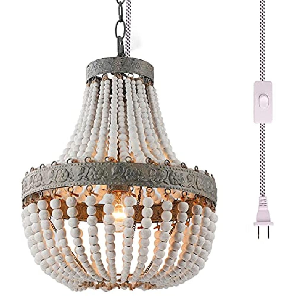 newrays Newrays Bohemian Boho Beachy Wood Bead Pendant Light Fixtures Plug in