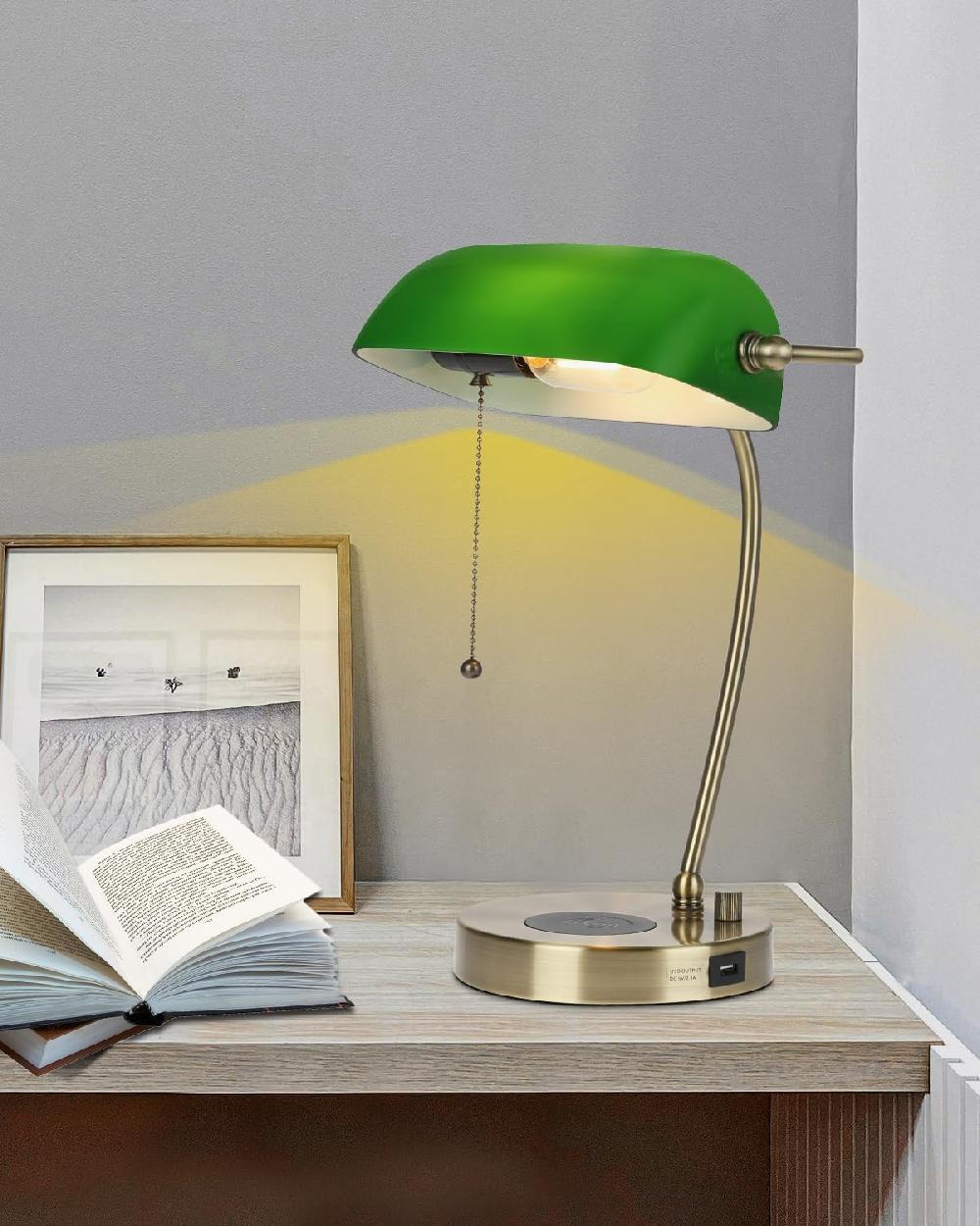 Newrays Newrays Green Glass Bankers Desk Lamp With Wireless Charger USB Charging Port LED Bulb Included