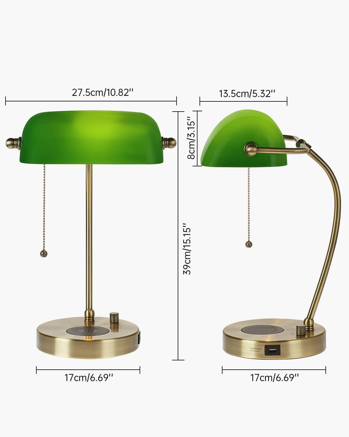Newrays Newrays Green Glass Bankers Desk Lamp With Wireless Charger USB Charging Port LED Bulb Included