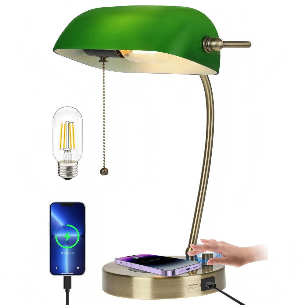 newrays Newrays Green Glass Bankers Desk Lamp with Wireless Charger USB Charging Port LED Bulb Included