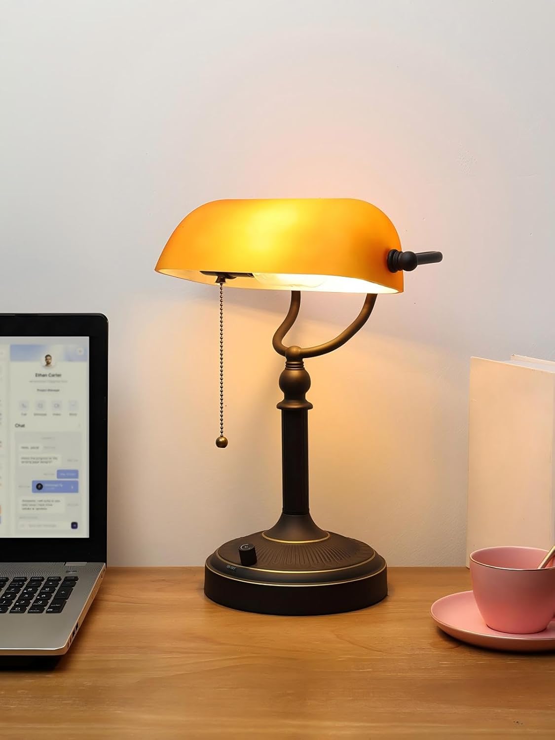 Newrays Newrays Matted Amber Glass Banker Desk Lamp Stepless Dimmable Table Lamp 6W LED Bulb Included