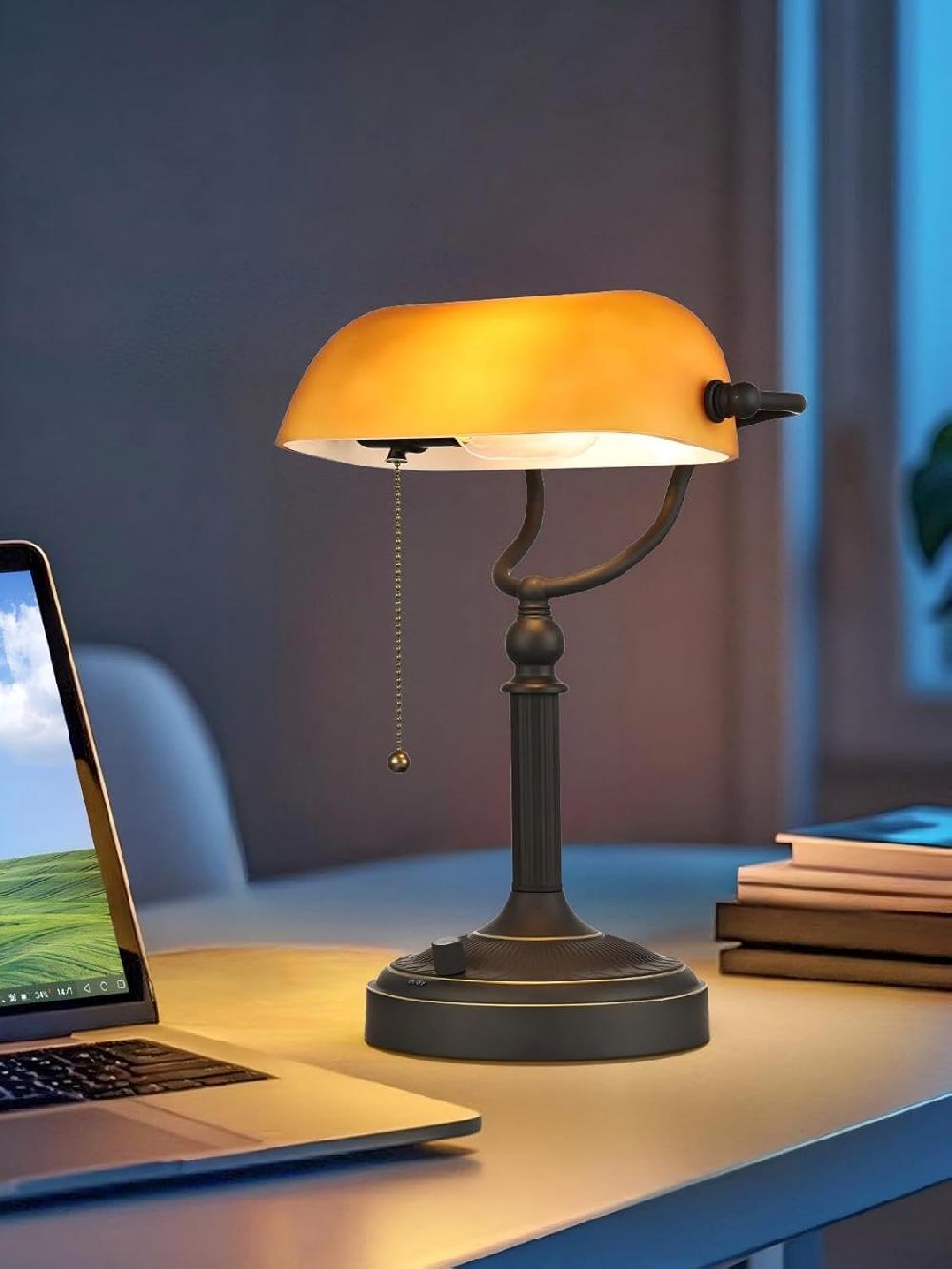Newrays Newrays Matted Amber Glass Banker Desk Lamp Stepless Dimmable Table Lamp 6W LED Bulb Included