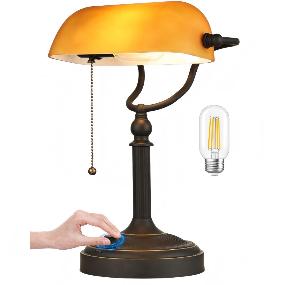 newrays Newrays Matted Amber Glass Banker Desk Lamp Stepless Dimmable Table Lamp 6W LED Bulb Included