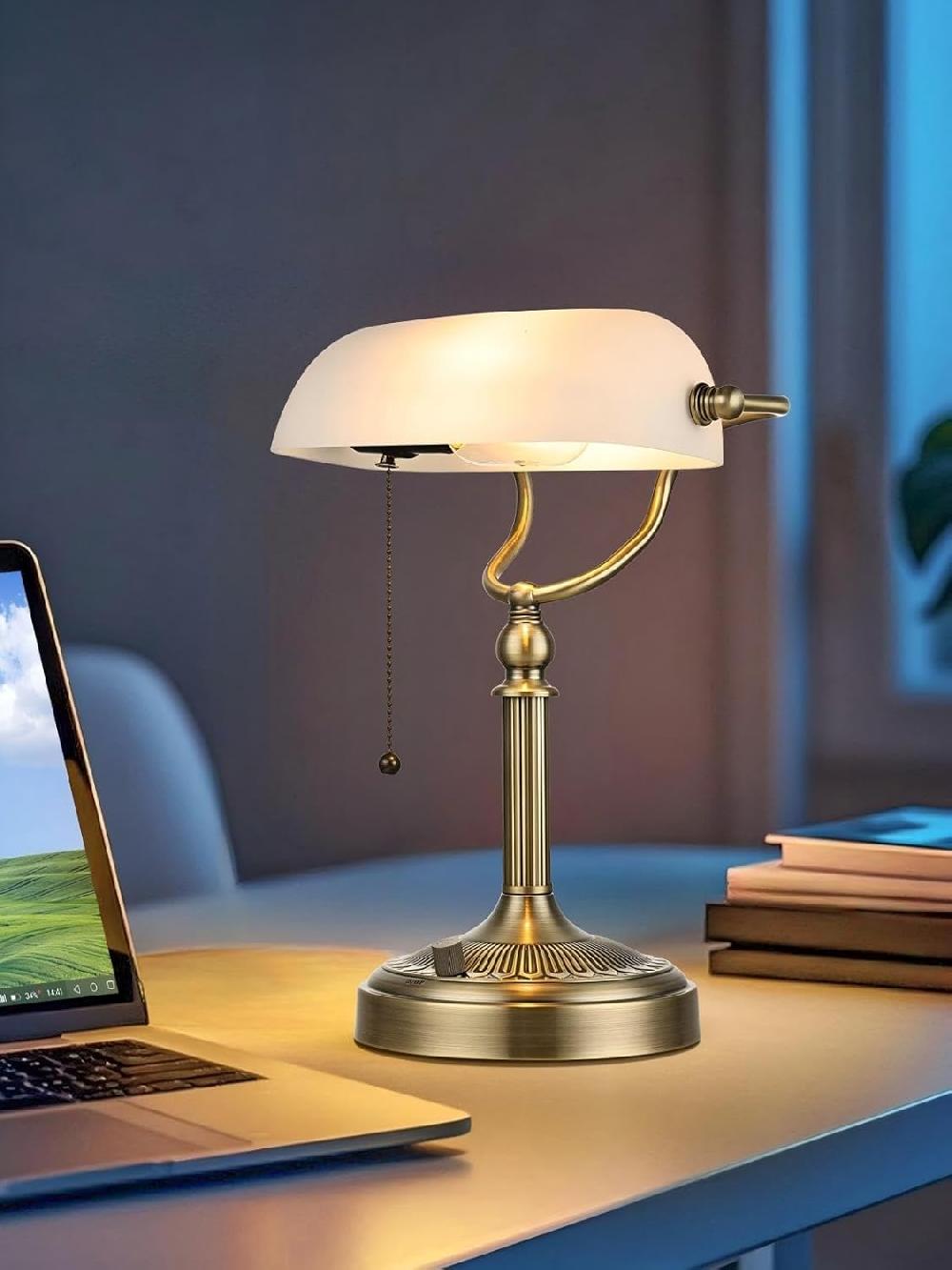 Newrays Newrays White Matted Glass Bankers Desk Lamp Stepless Dimmable Table Lamp Plug In 6W LED Bulb Included