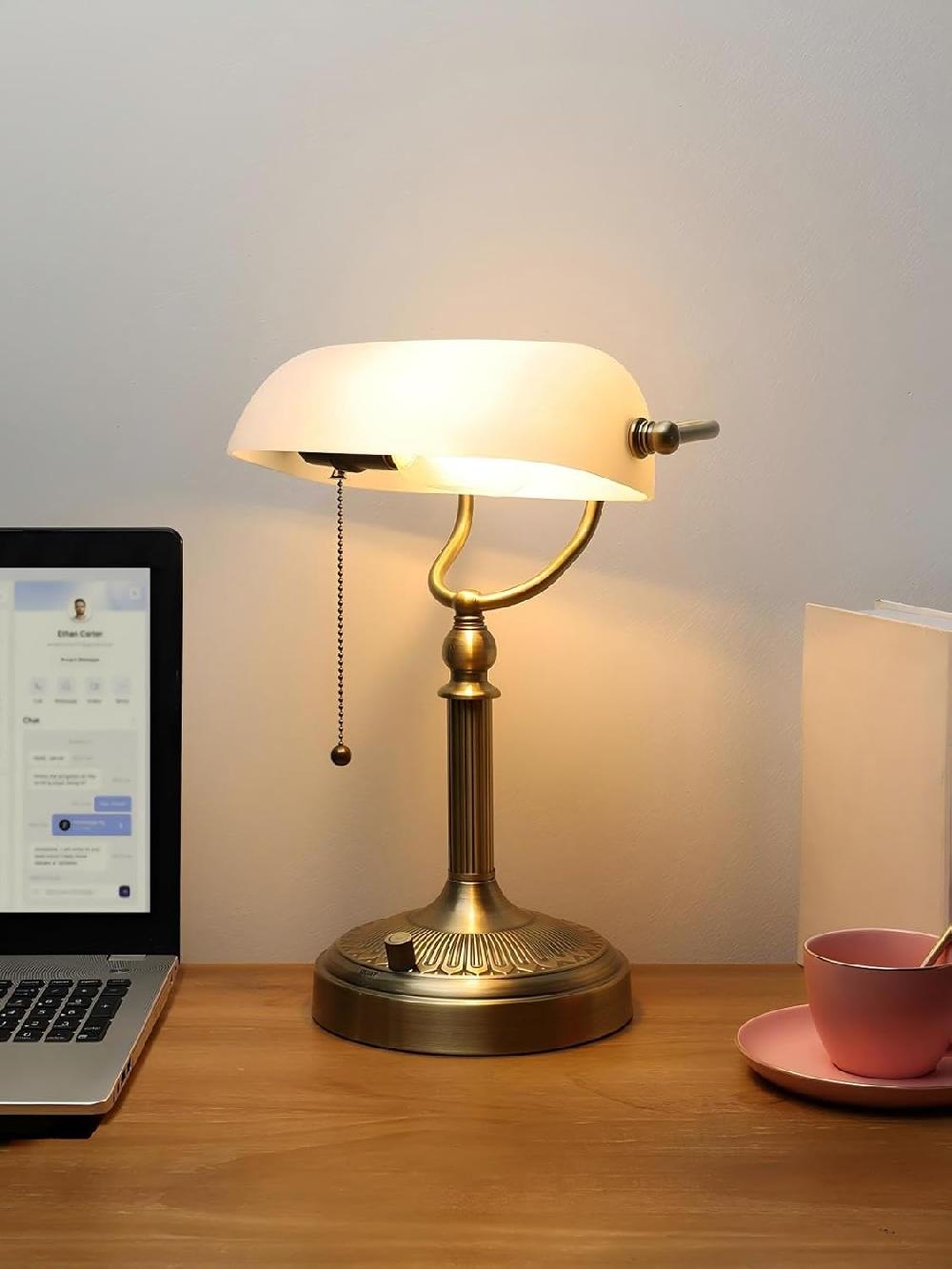 Newrays Newrays White Matted Glass Bankers Desk Lamp Stepless Dimmable Table Lamp Plug In 6W LED Bulb Included