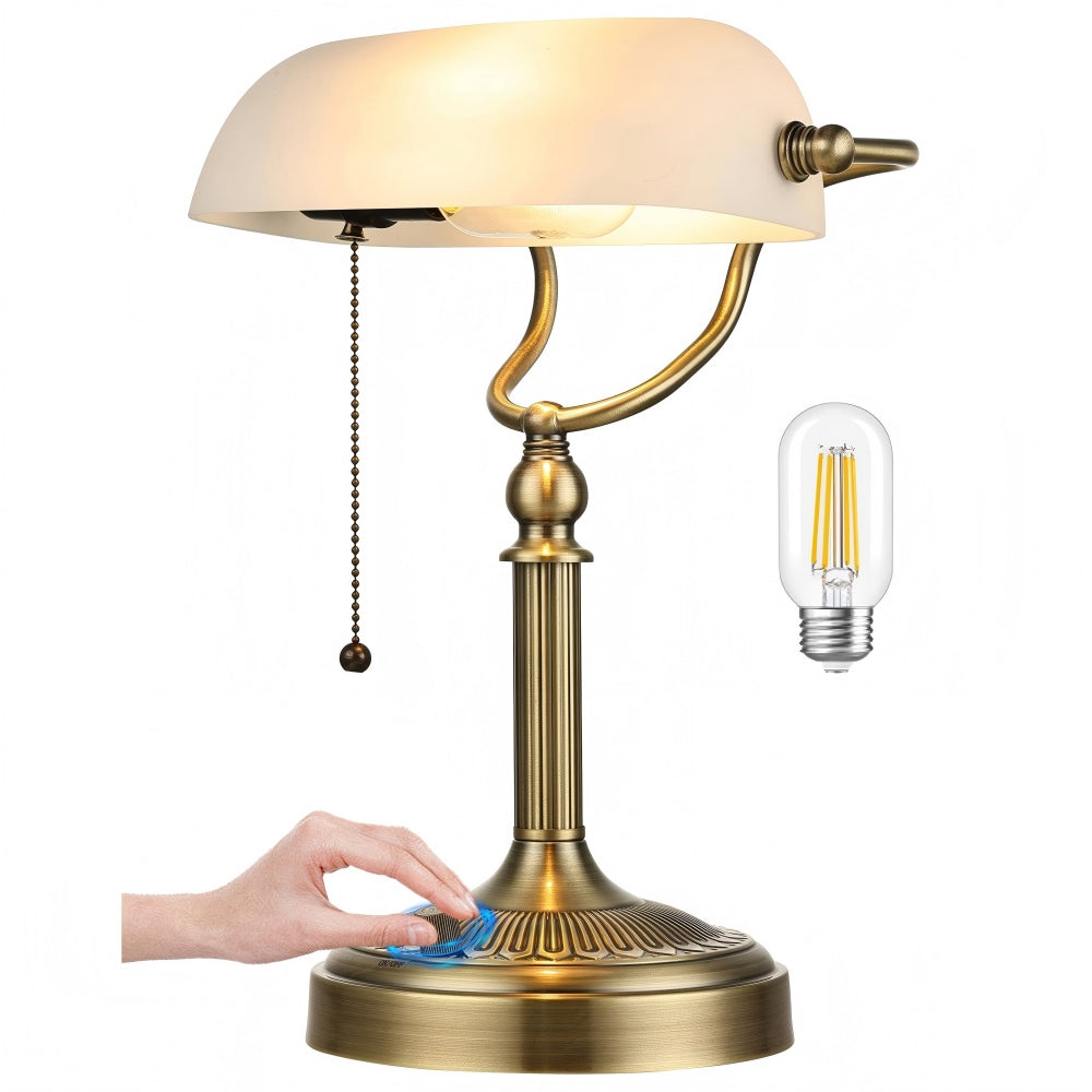 newrays Newrays White Matted Glass Bankers Desk Lamp Stepless Dimmable Table Lamp Plug in 6W LED Bulb Included