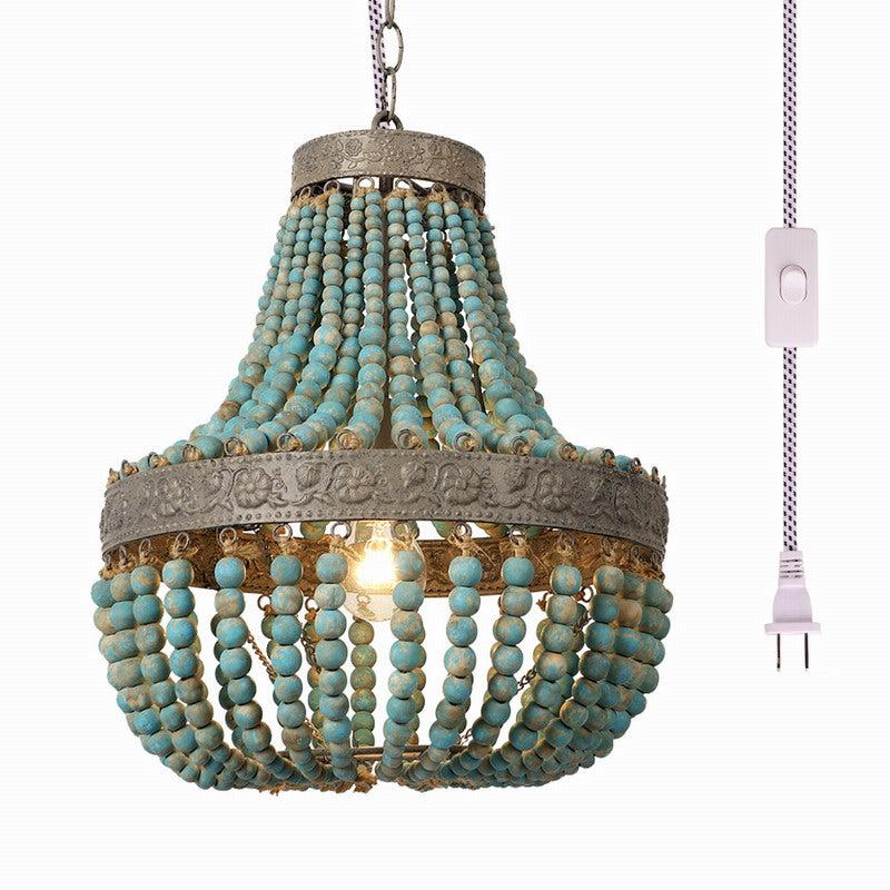 newrays Wood Bead Chandelier Pendant antique Blue Finishing Plug in