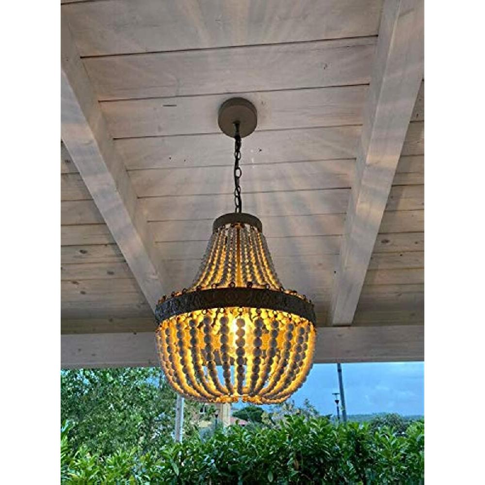 Newrays Wood Bead Chandelier Pendant Gray White Finishing