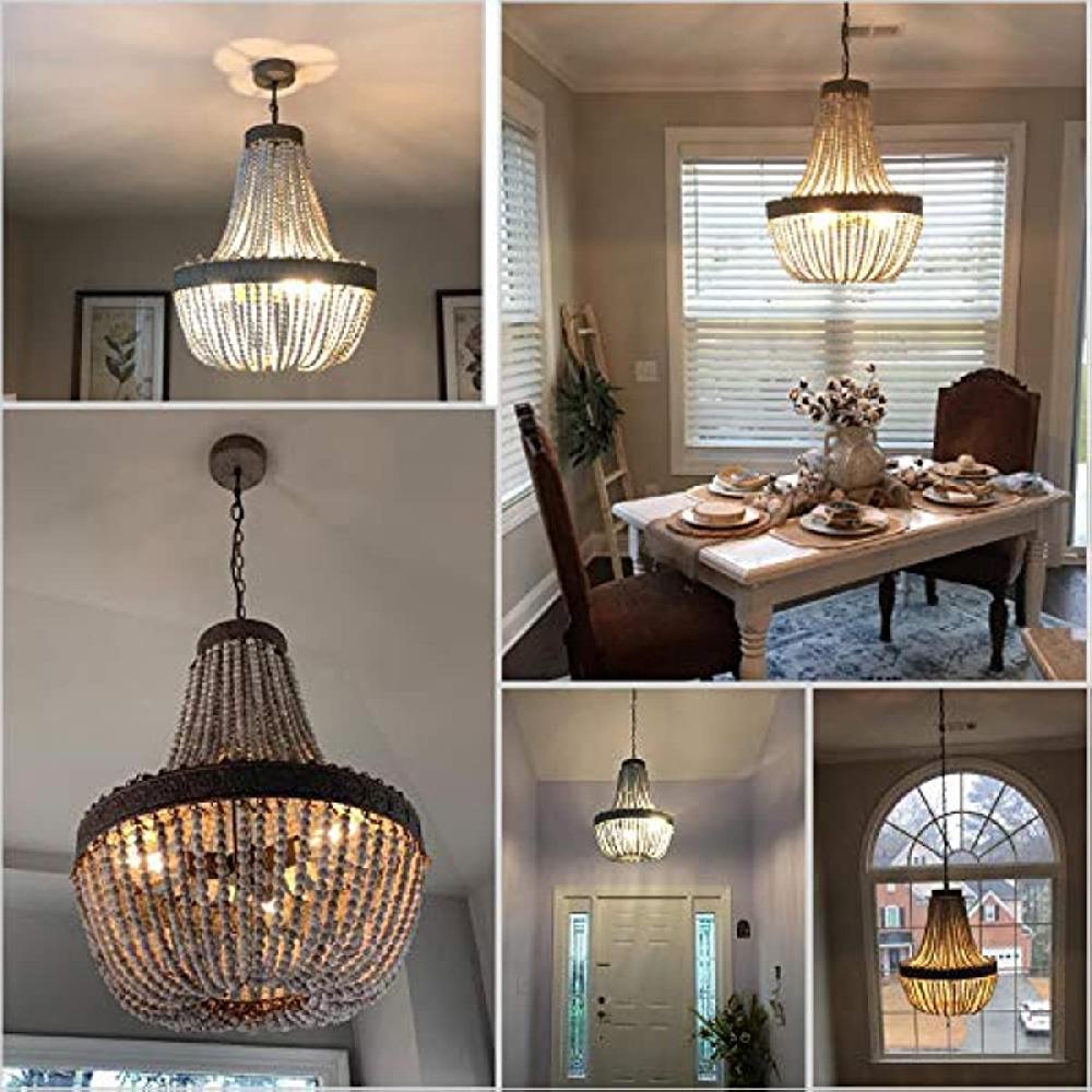Newrays Wood Bead Chandelier Pendant Three Lights Gray White Finishing
