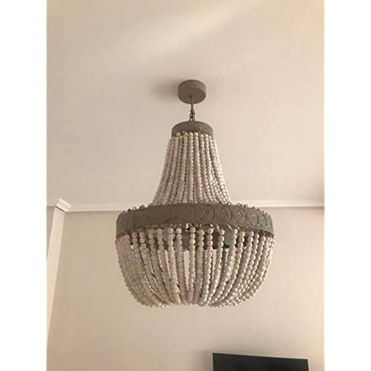 Newrays Wood Bead Chandelier Pendant Three Lights Gray White Finishing