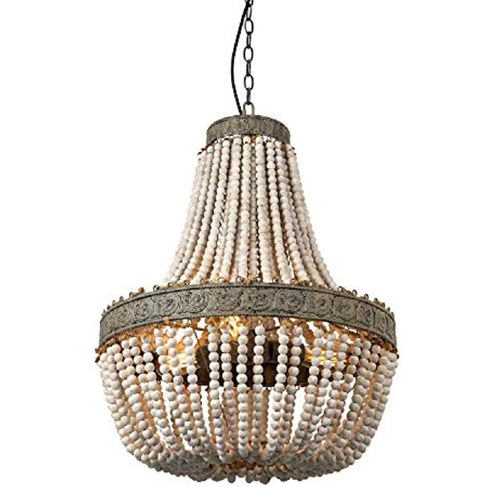 newrays Wood Bead Chandelier Pendant Three Lights Gray White Finishing