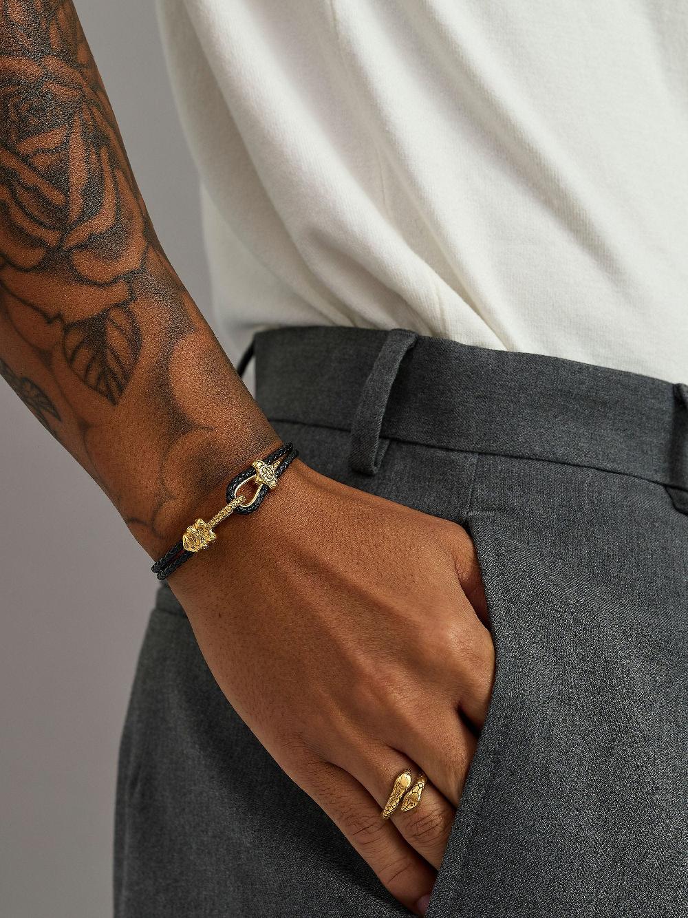 Nialaya Black Leather Bracelet With Gold Rope Clasp