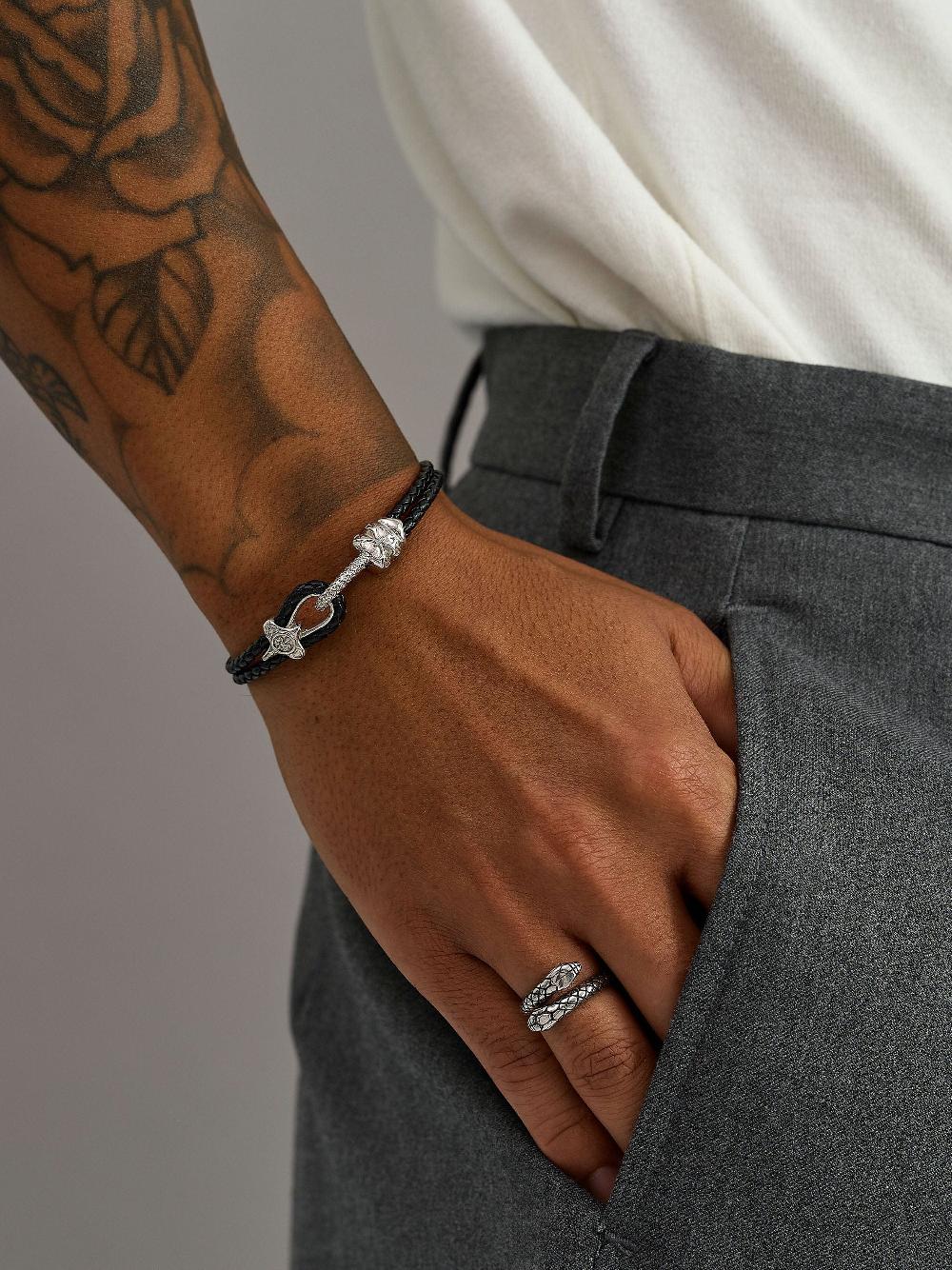 Nialaya Black Leather Bracelet With Silver Rope Clasp
