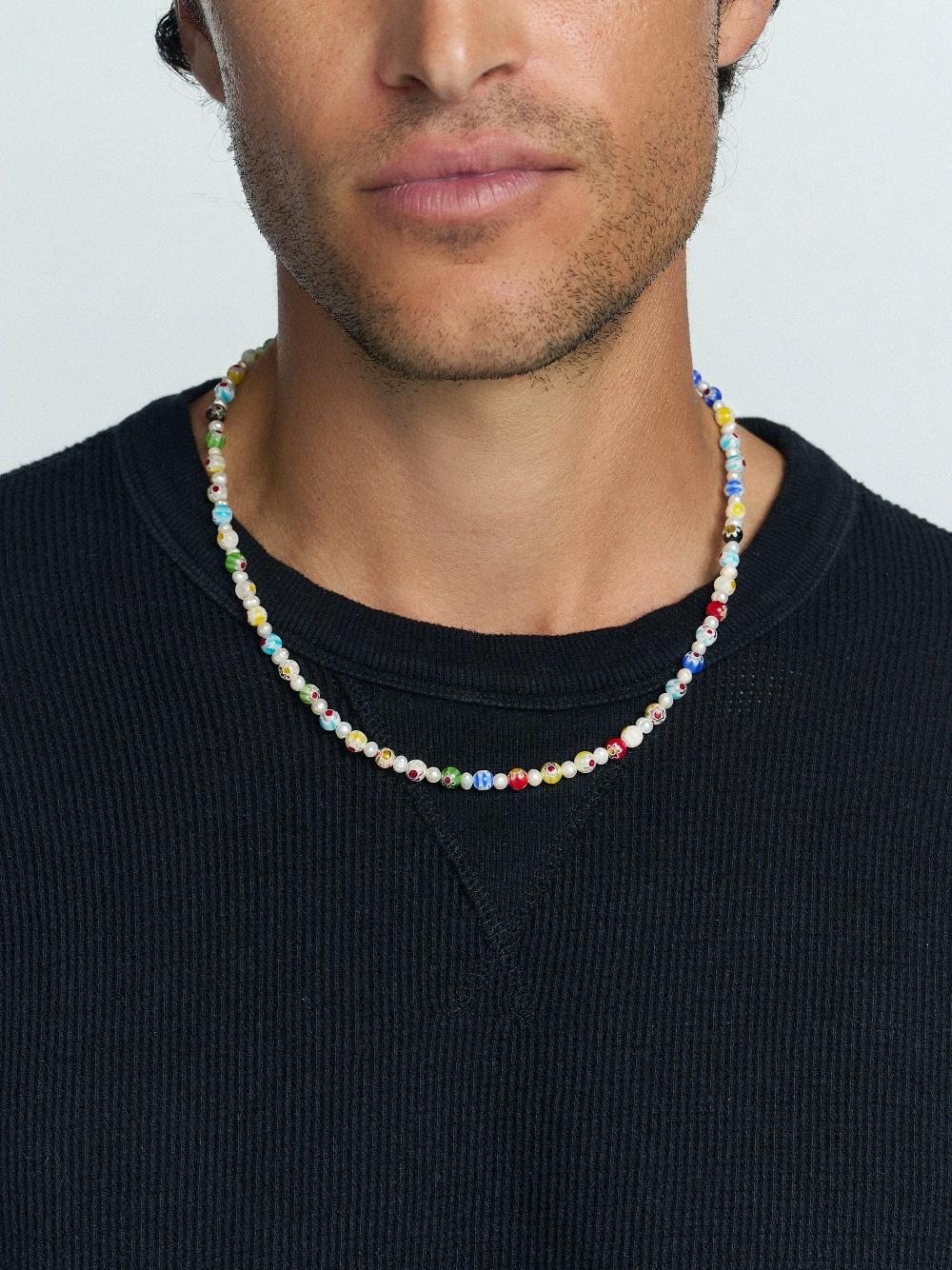 Nialaya Men's Pearl Necklace With Hand-Painted Glass Beads