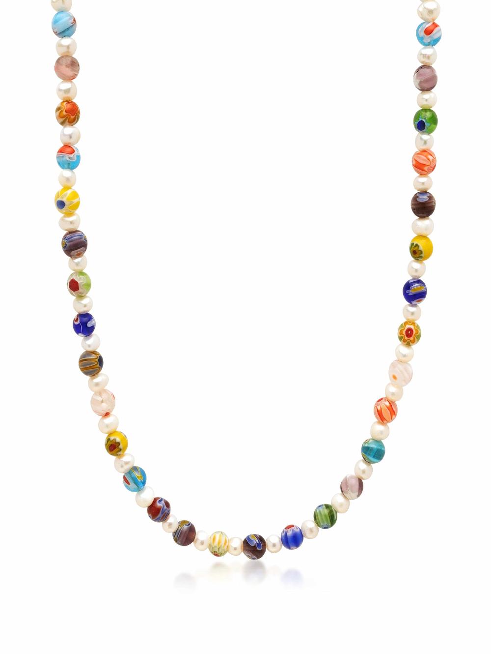 nialaya Men's Pearl Necklace with Hand-Painted Glass Beads