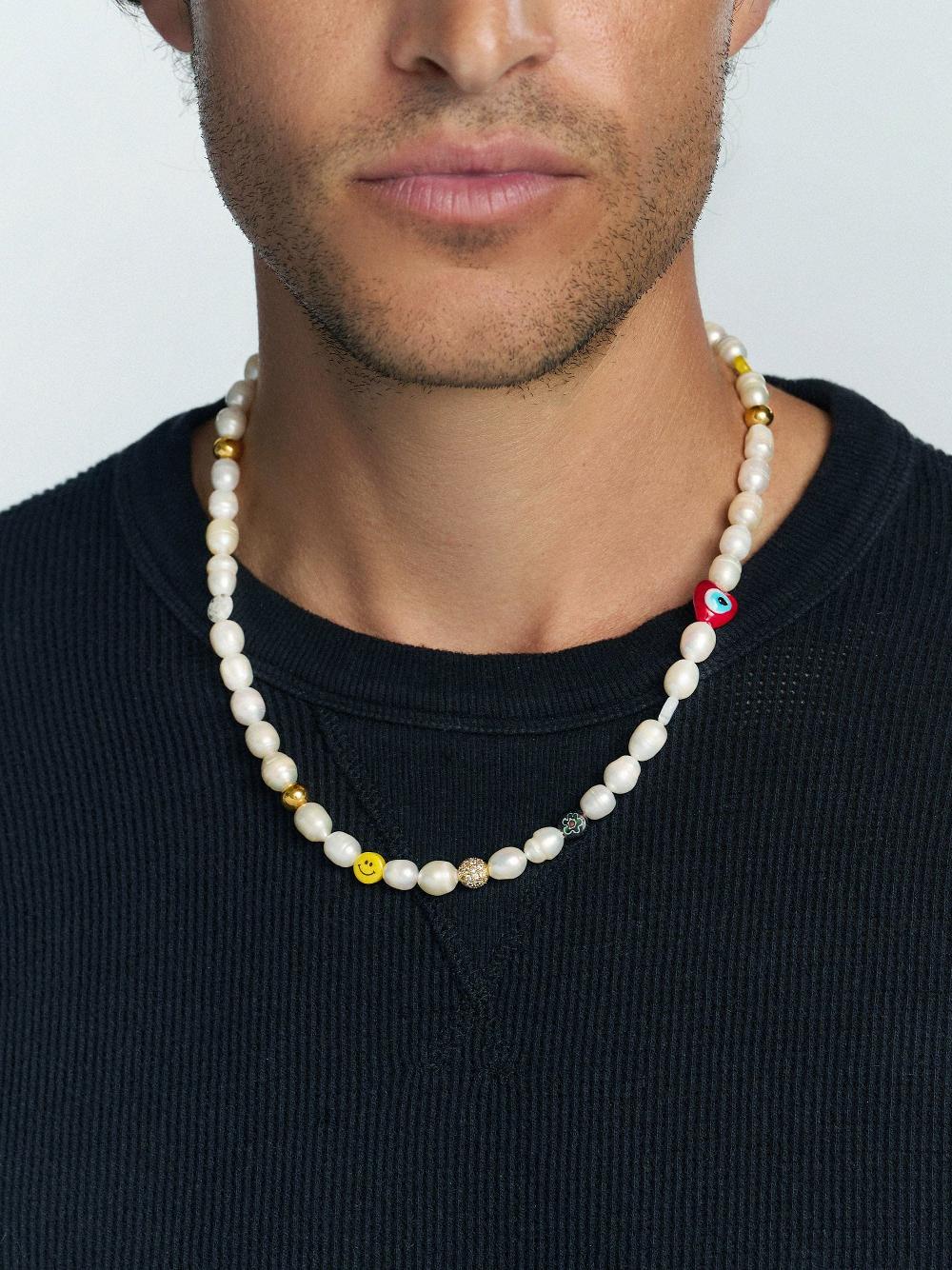Nialaya Men's Smiley Face Pearl Necklace With Assorted Beads