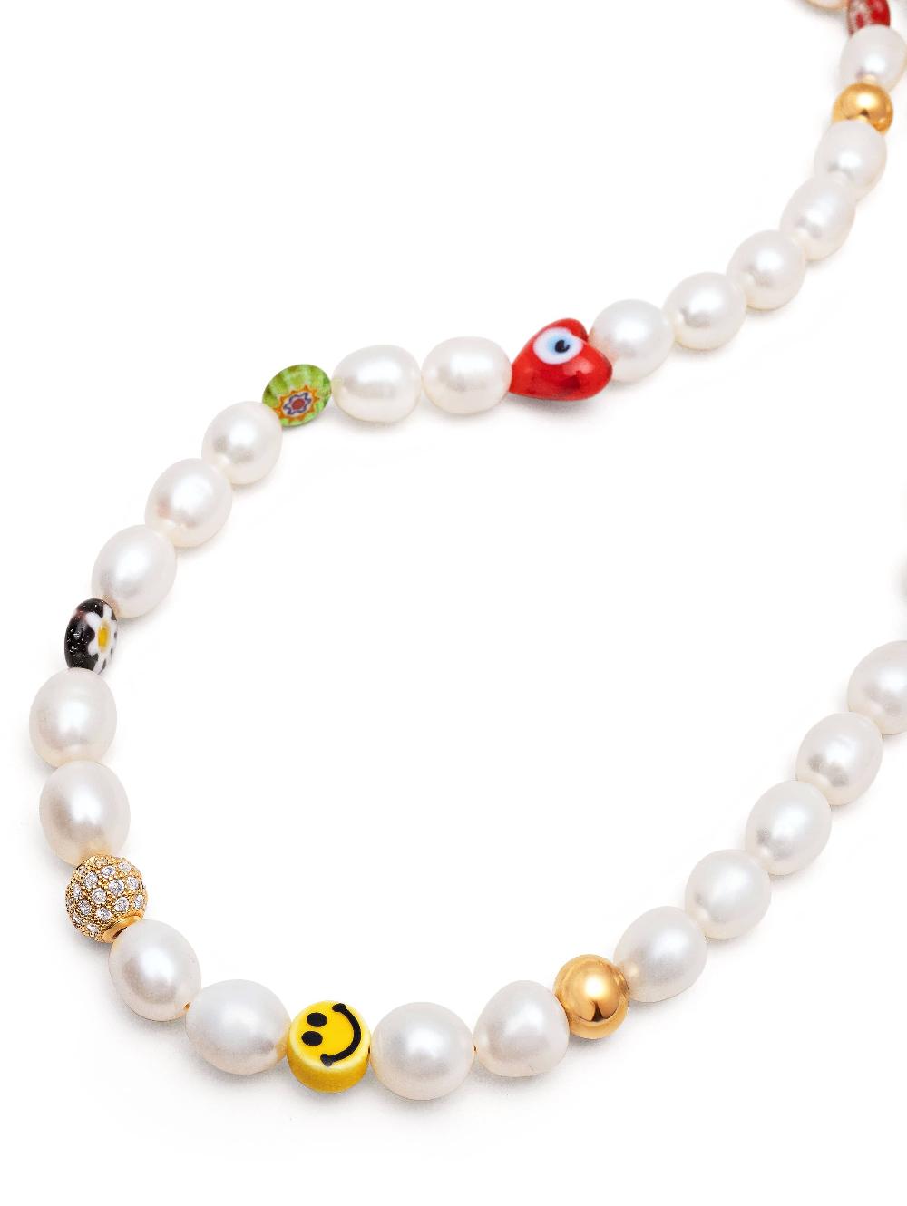 Nialaya Men's Smiley Face Pearl Necklace With Assorted Beads