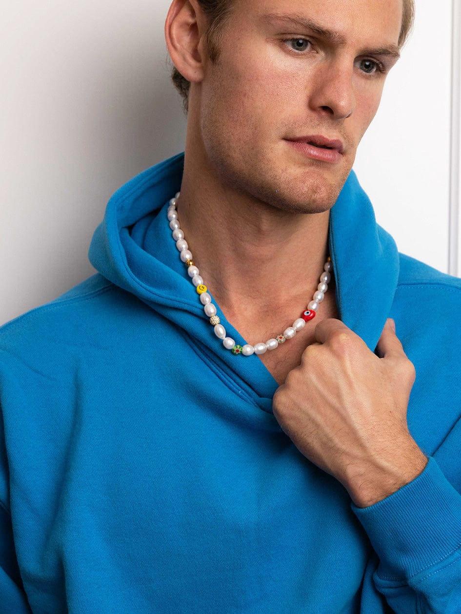 Nialaya Men's Smiley Face Pearl Necklace With Assorted Beads