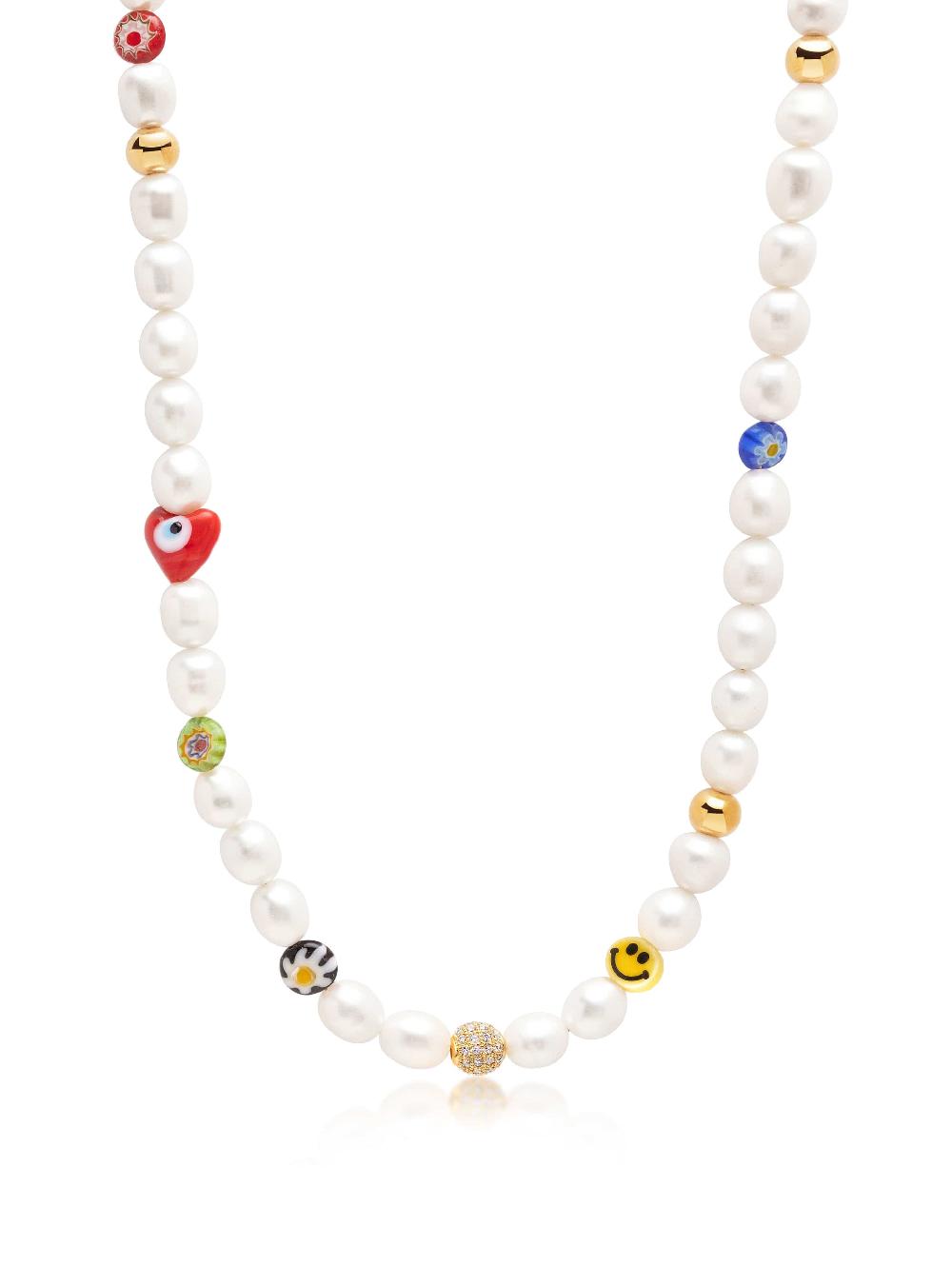 nialaya Men's Smiley Face Pearl Necklace with Assorted Beads