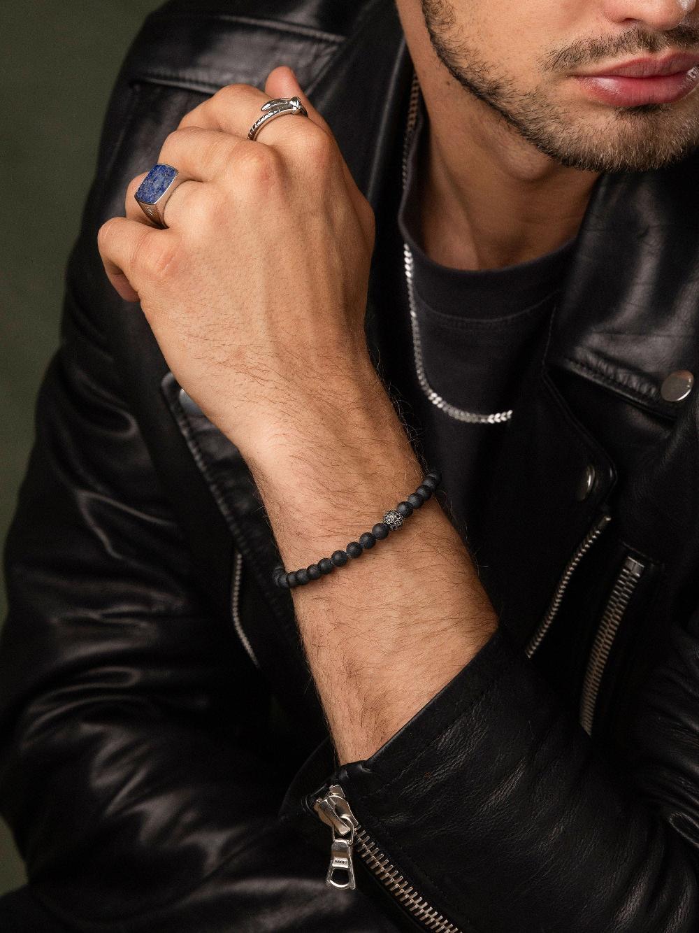 Nialaya Men's Wristband With Matte Onyx And Black CZ Diamond
