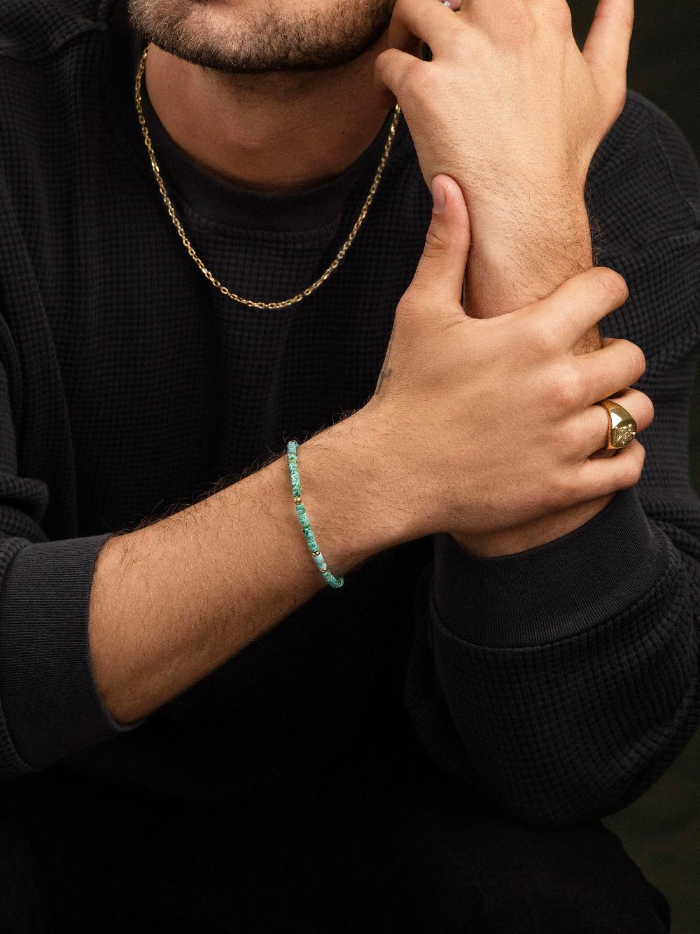 Nialaya Men's Wristband With Turquoise And African Turquoise Heishi Beads