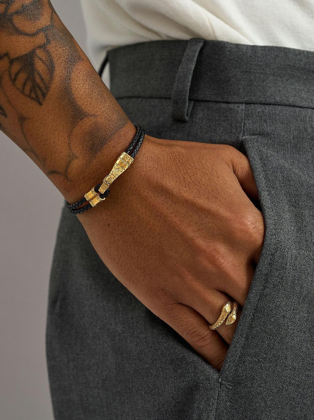 Nialaya Black Leather Bracelet With Gold Clasp