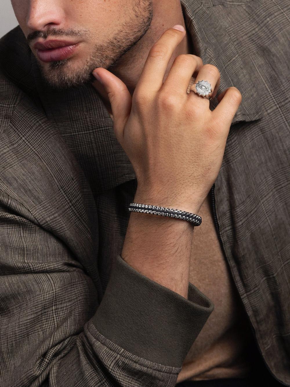 Nialaya Black Woven Box Chain Bracelet In Silver